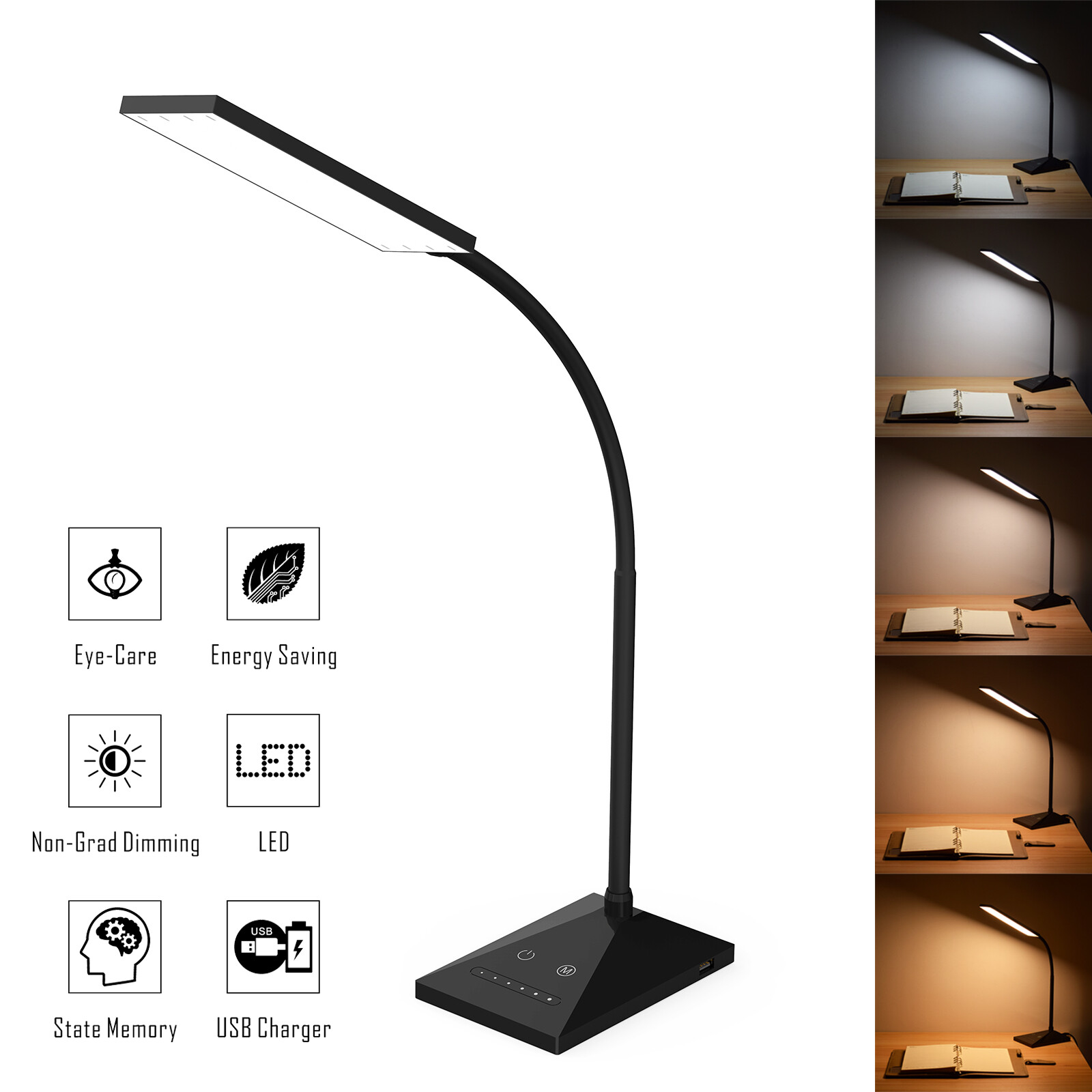 Dimmable LED Desk Table Lamp with USB Charging Touch Control USB Table Base Lamp