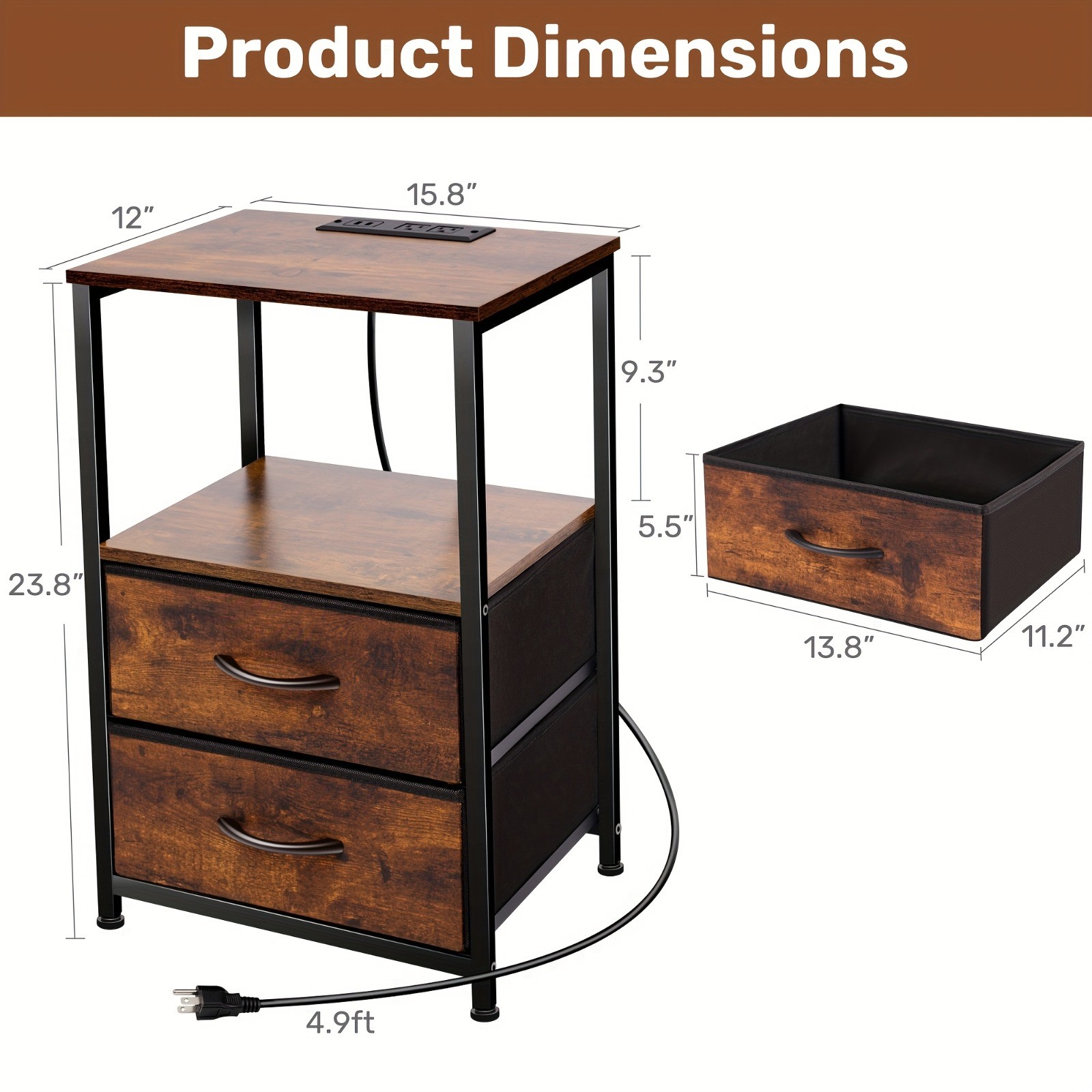 Led Nightstand with Charging Station 2 Drawers Night Stand Black Bedside Table