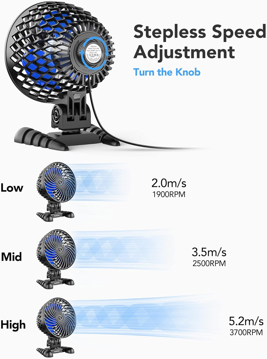 USB Desktop Small Fan, Stepless Speed Adjustment with Multiple Speed Levels, Por