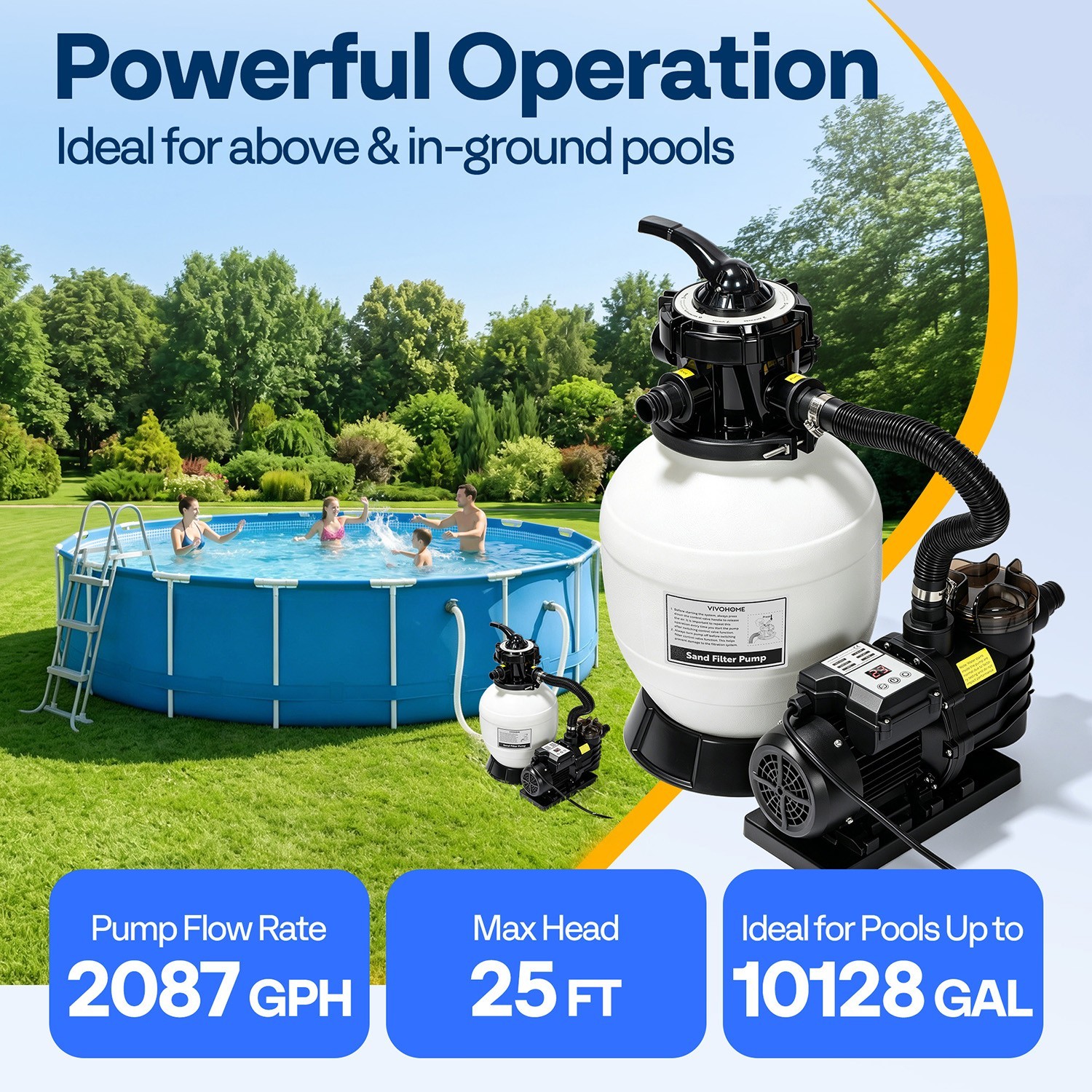 12/13in Sand Filter Pump In/Above Ground Pool System 7-Way w/ Timer 2087/2640GPH