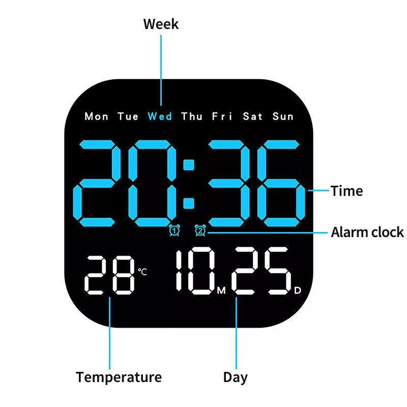 Wall Clock Remote Control Temperature Date Week Display Adjust LED Large Digital