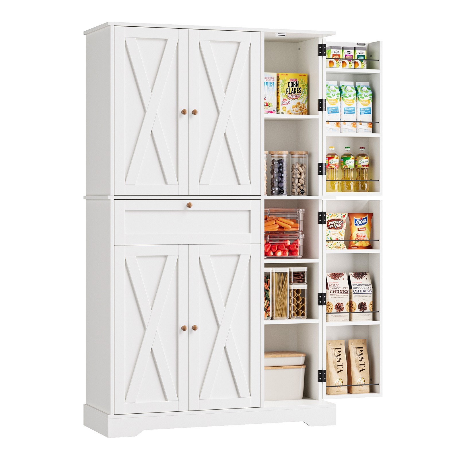 68″ Kitchen Pantry Cabinet, 6-Door Storage Hutch with Drawer & Shelves, White