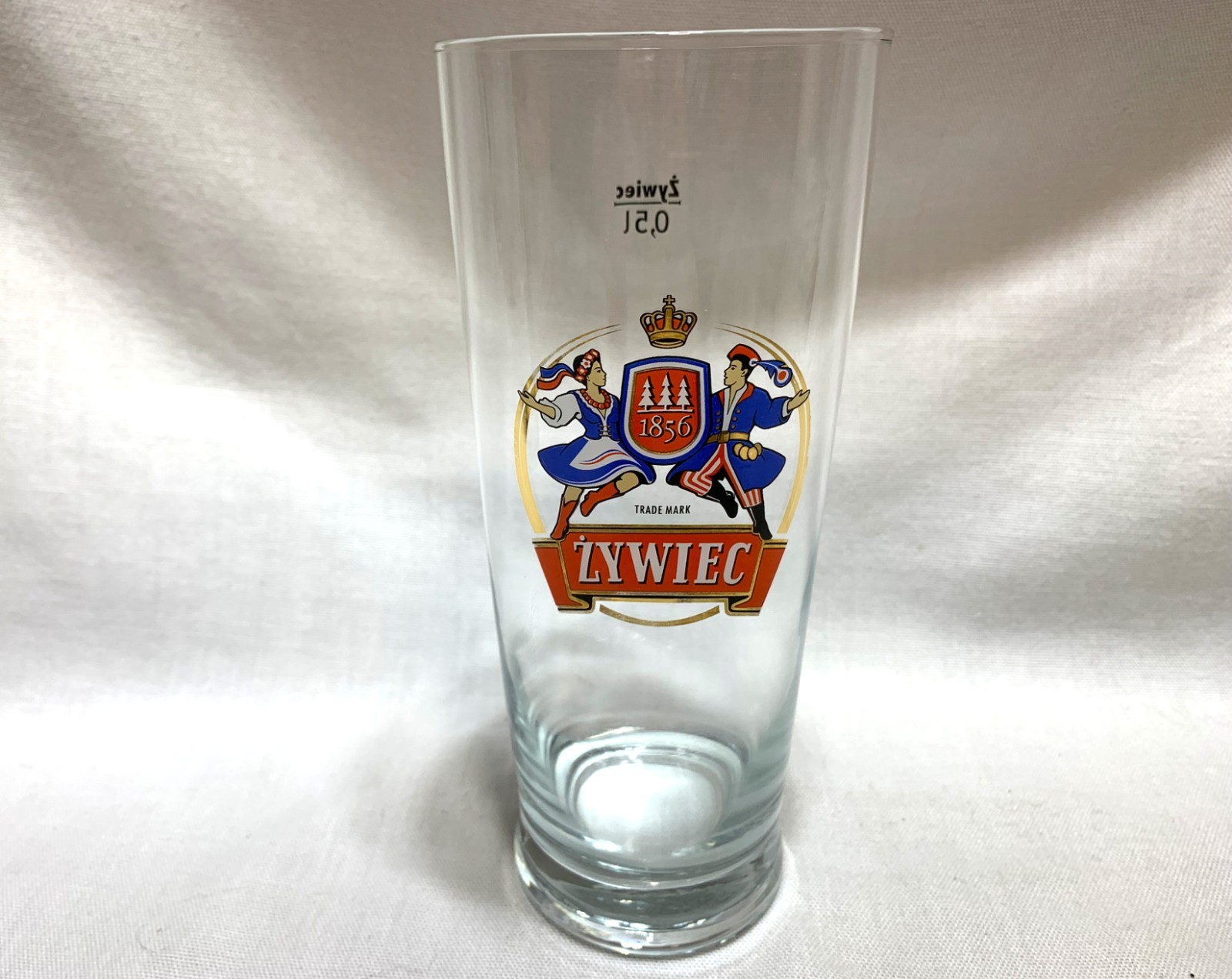 Unused ZYWIEC BEER Glass Polish Folk Dancers Label 0,5l Shiny Gold Trim Poland