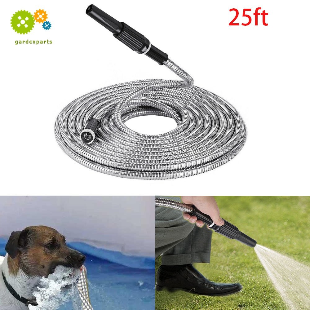 NEW 25FT Stainless Steel Metal Garden Water Hose Pipe Flexible Lightweight