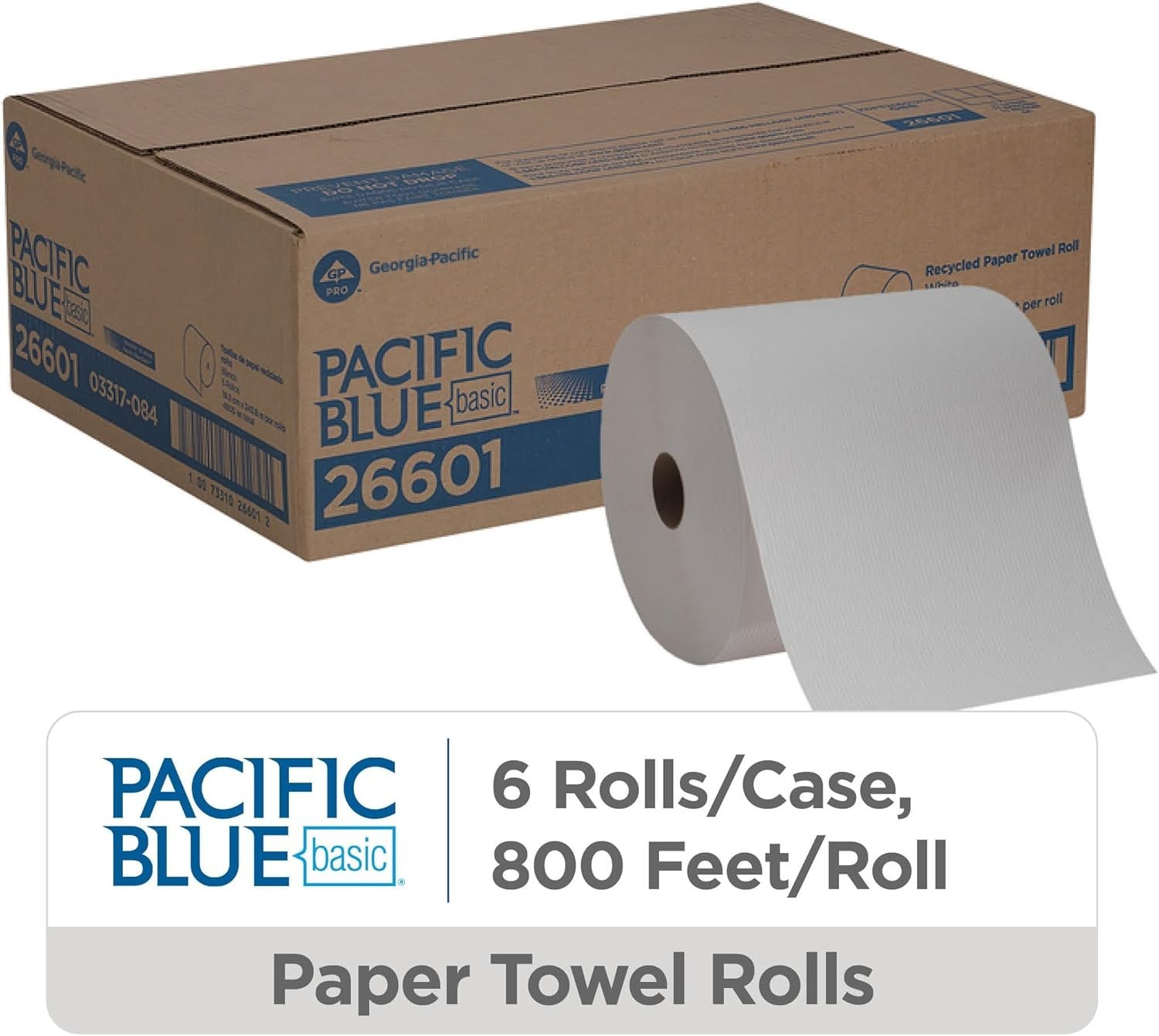 Pacific Blue Basic Recycled Paper Towel Rolls by GP PRO , White, 26601, 800 F…