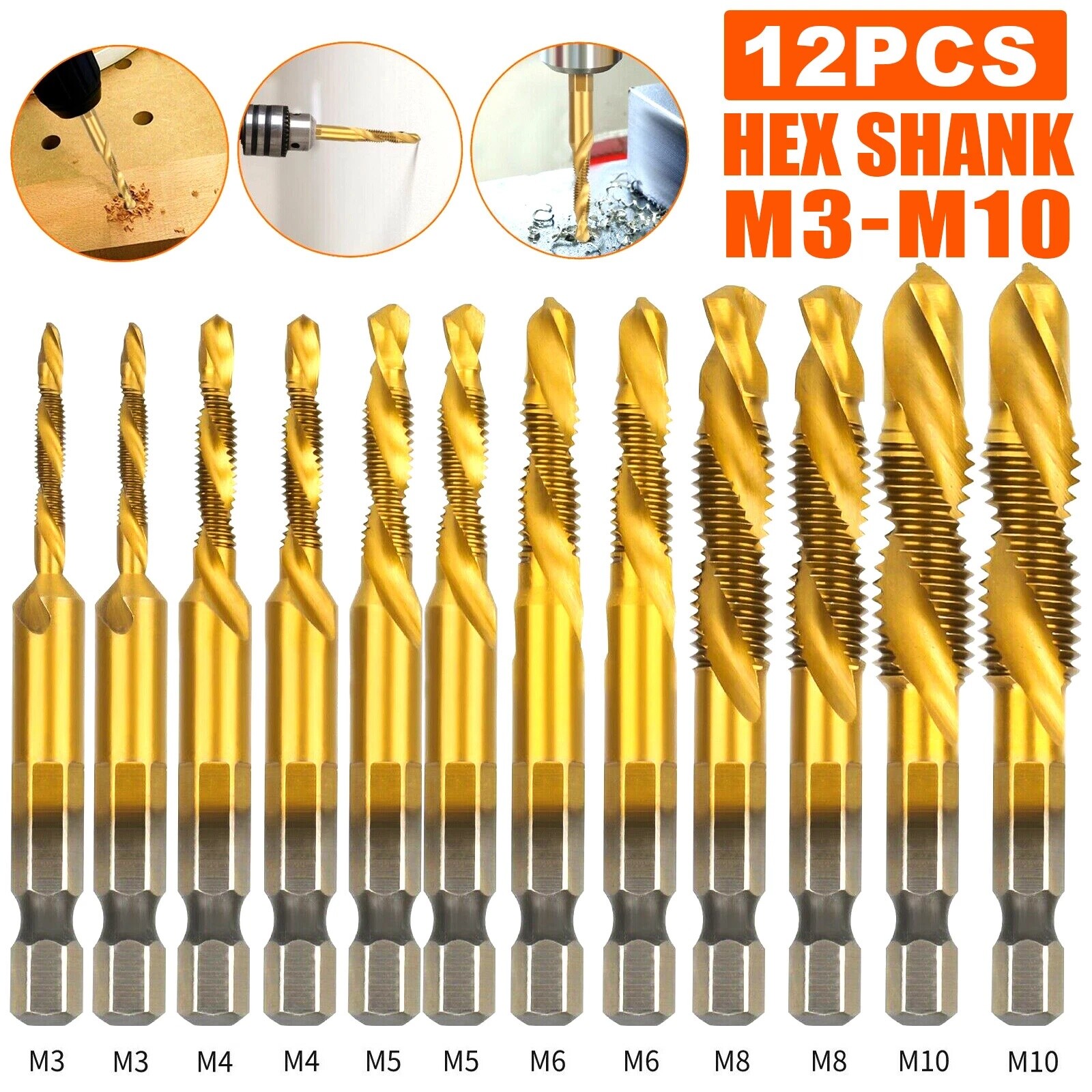 12Pcs HSS Titanium Coated Twist Drill Bit Set M3-M10 Hex Shank For wood Metal