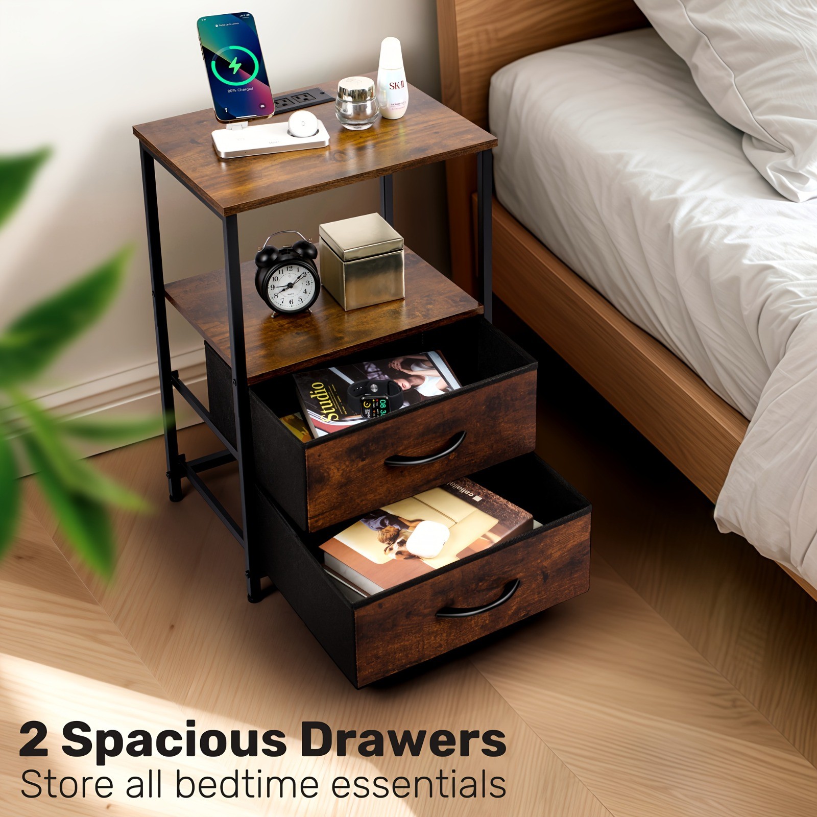 Led Nightstand with Charging Station 2 Drawers Night Stand Black Bedside Table