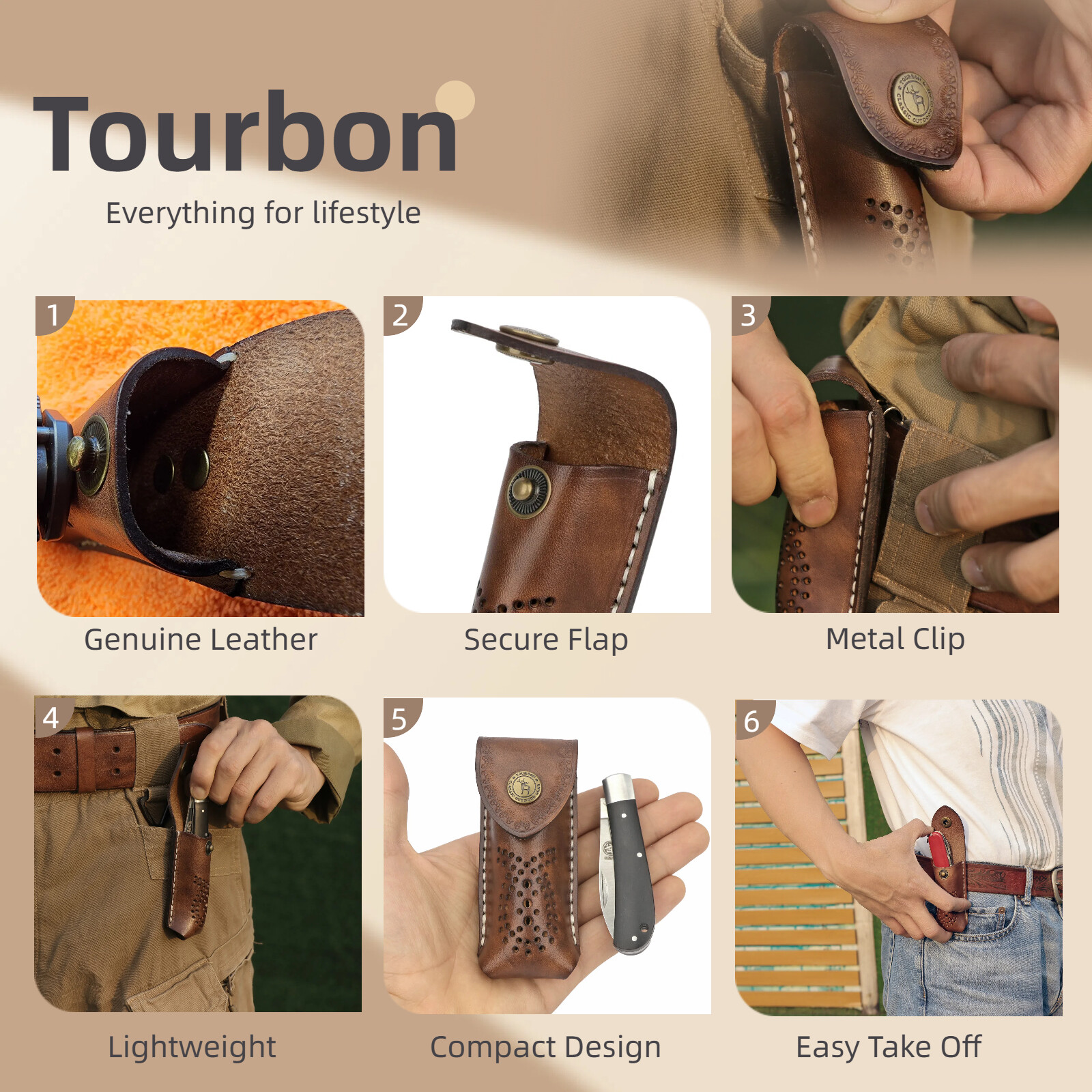 TOURBON Leather 3.5in Folding Blade Knife Sheath Knives Case Belt Pouch Holster