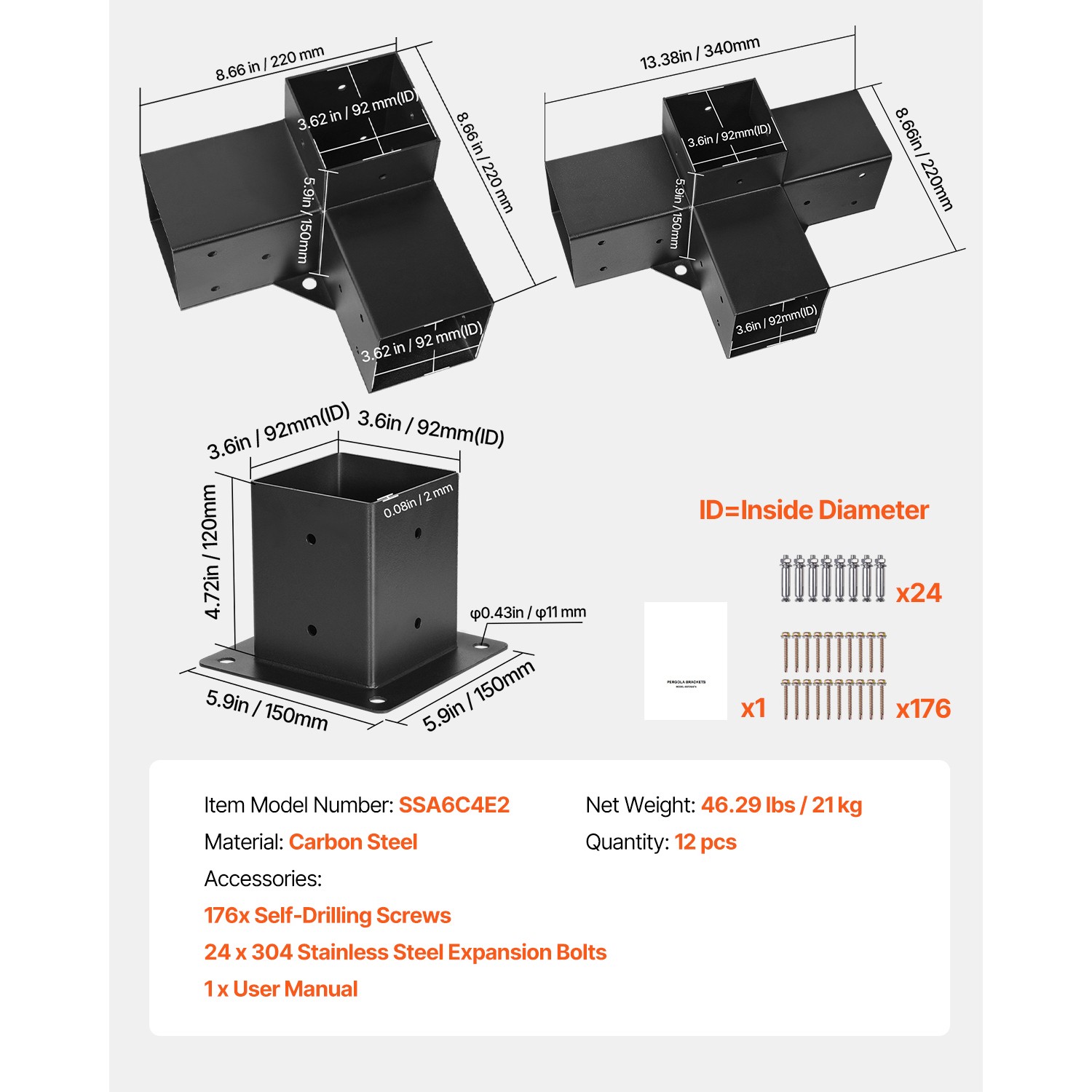 Uimoso 4×4 Pergola Bracket Kit 3.5×3.5 Inner, 3- & 4-Way Brackets with Bases