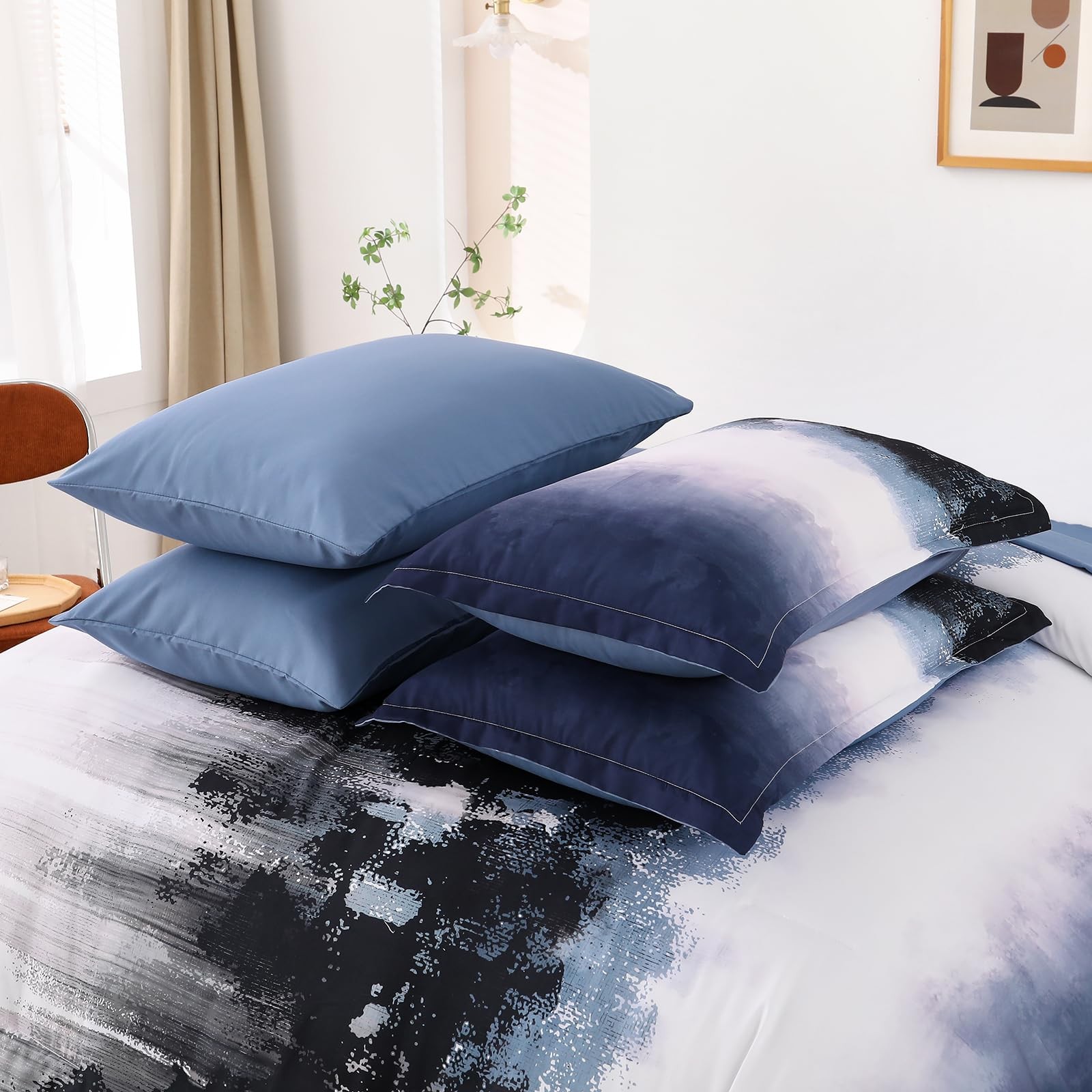 Ombre Blue Comforter Set Queen – 7 Piece Boho Bedding for Teens & Adults