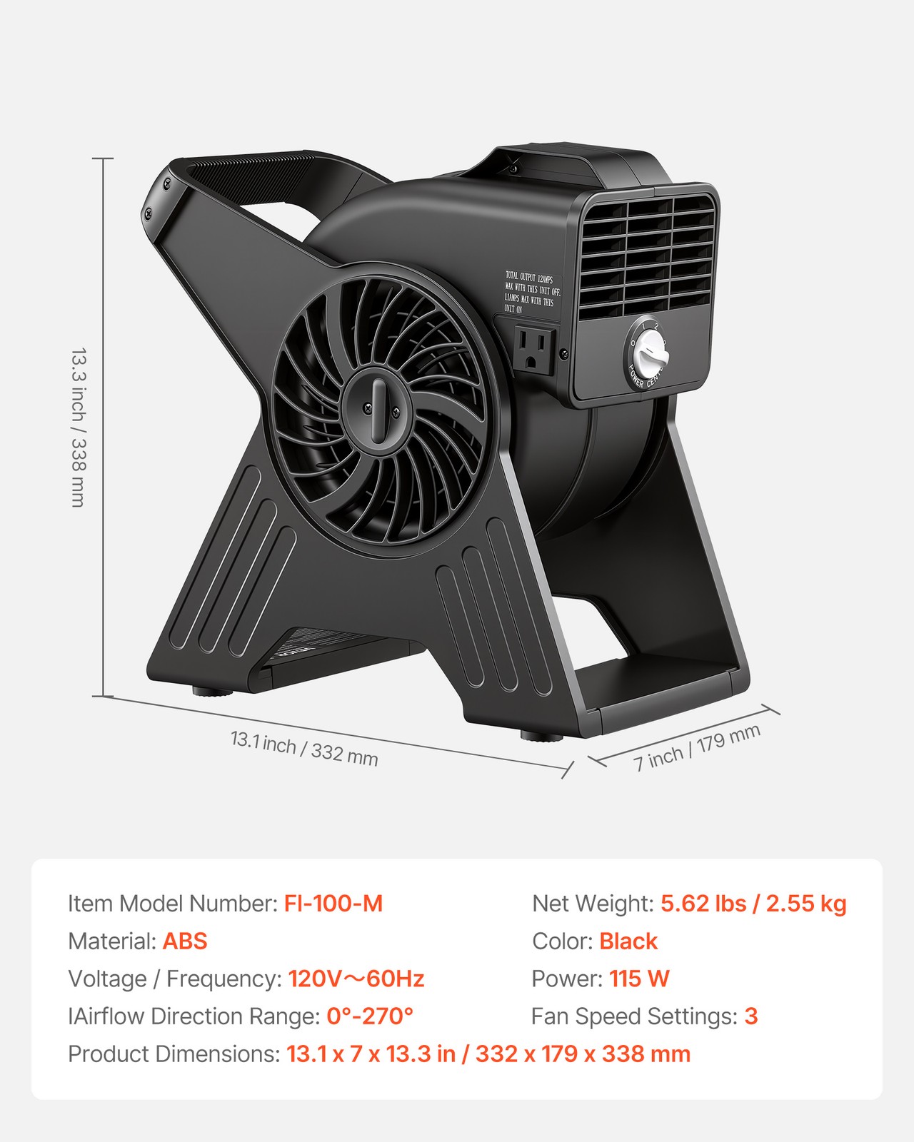 VEVOR 13 in Blower Portable Utility Floor Fan 300 CFM for Drying Dehumidifying
