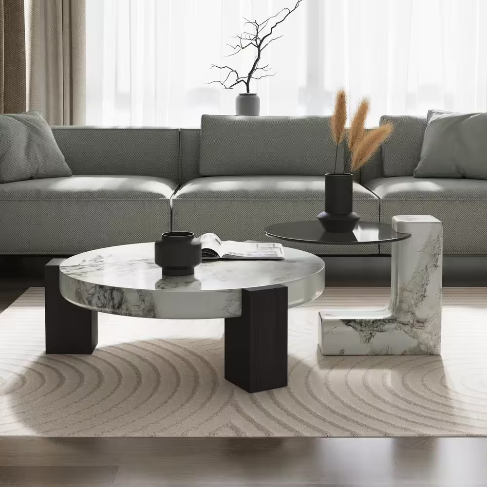 35. In. White and Black 2-Piece round Marble Wood Top Coffee Table