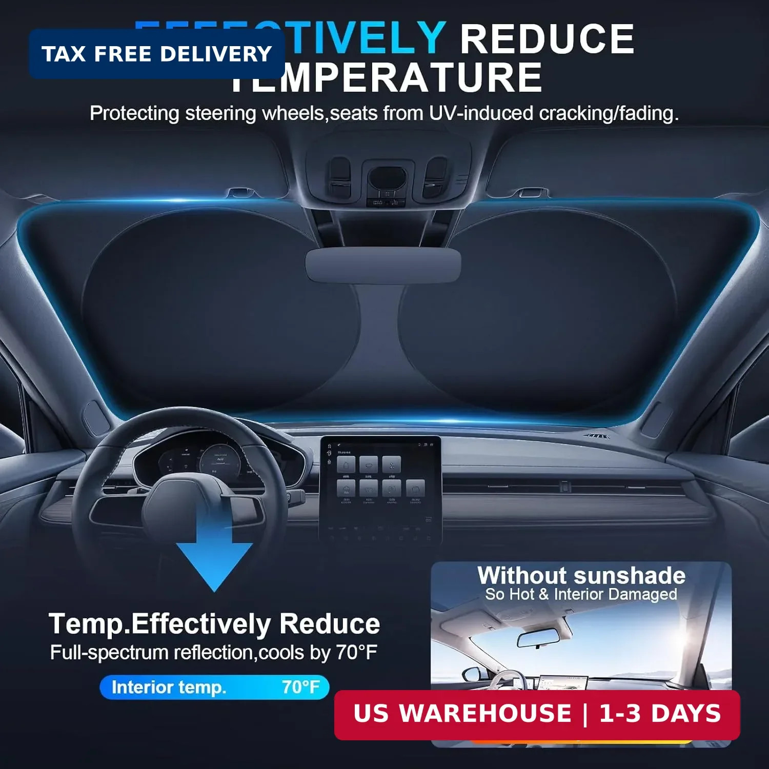JUSTTOP Car Sun Shade Windshield – Foldable Sun Car Window Shield 300T Coated Si