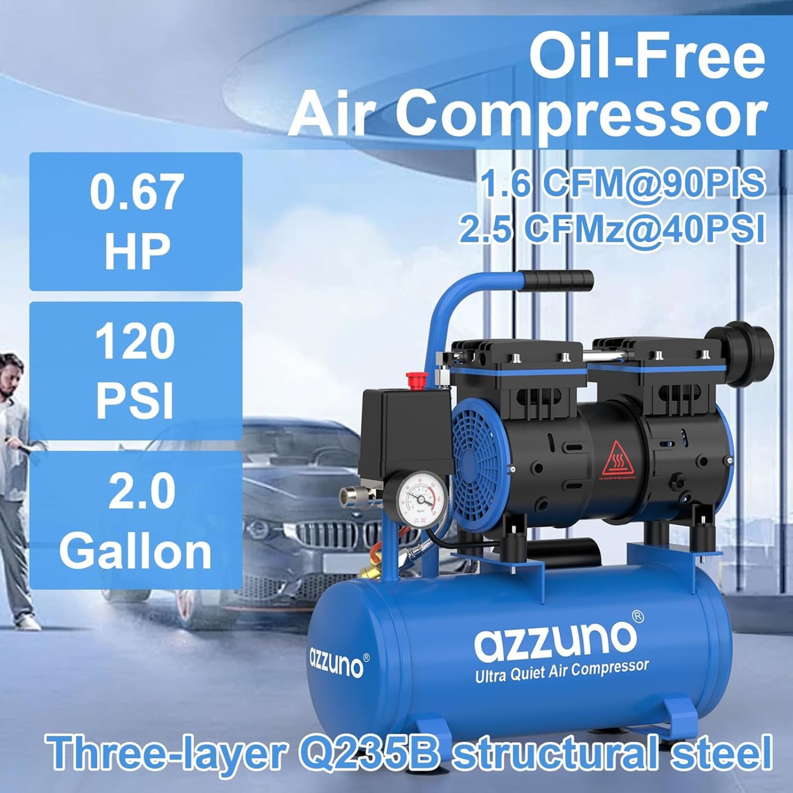 AZZUNO Air Compressor 6 Gallon 4.2CFM@90PSI 70 dB Ultra Quiet Oil Free