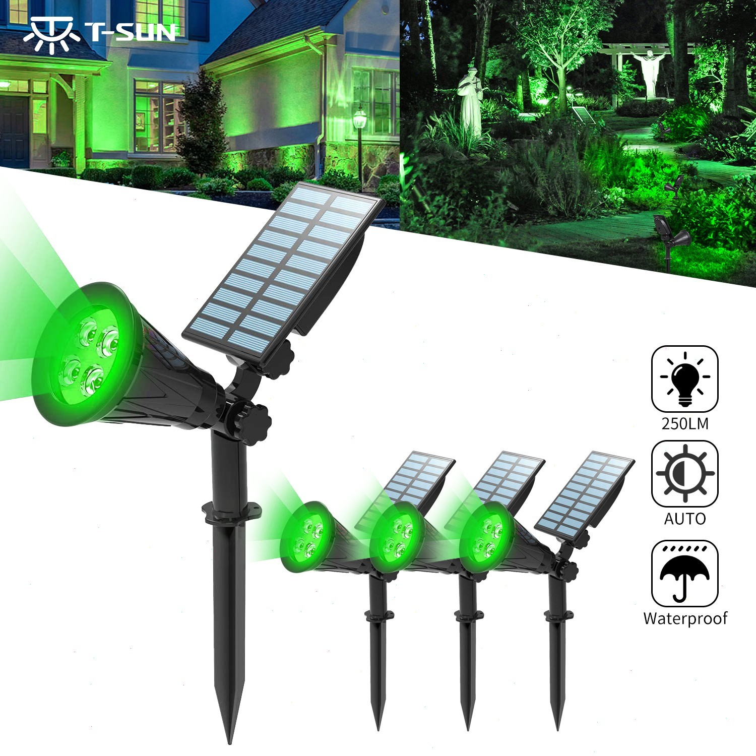 T-SUN 4Pks Solar LED Landscape Light Green Outdoor Garden Lamp Pathway Spotlight