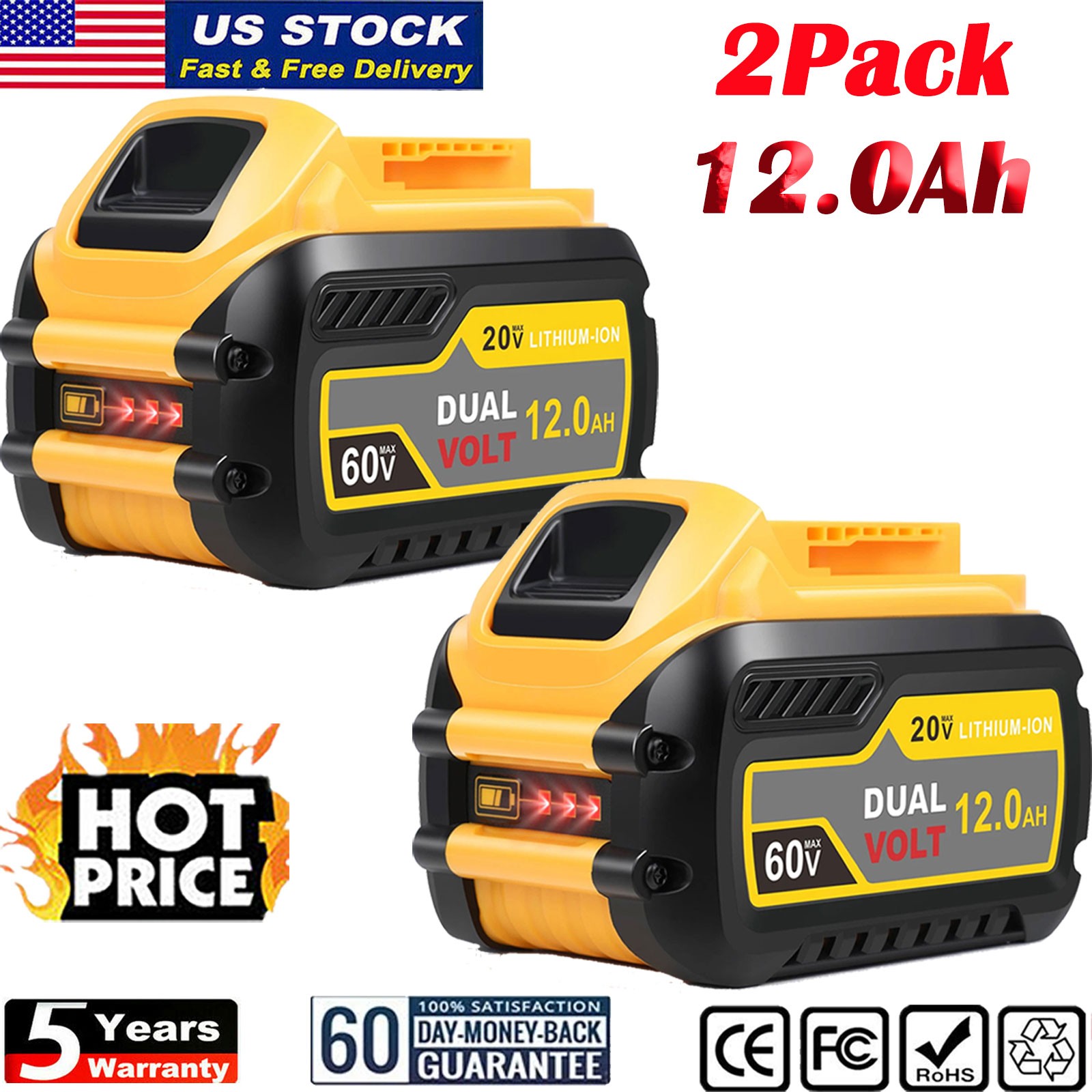 2X 12.0Ah Battery For DEWALT 20V 60V For DCB612 FLEXVOLT Li-Ion Battery DCB609-2