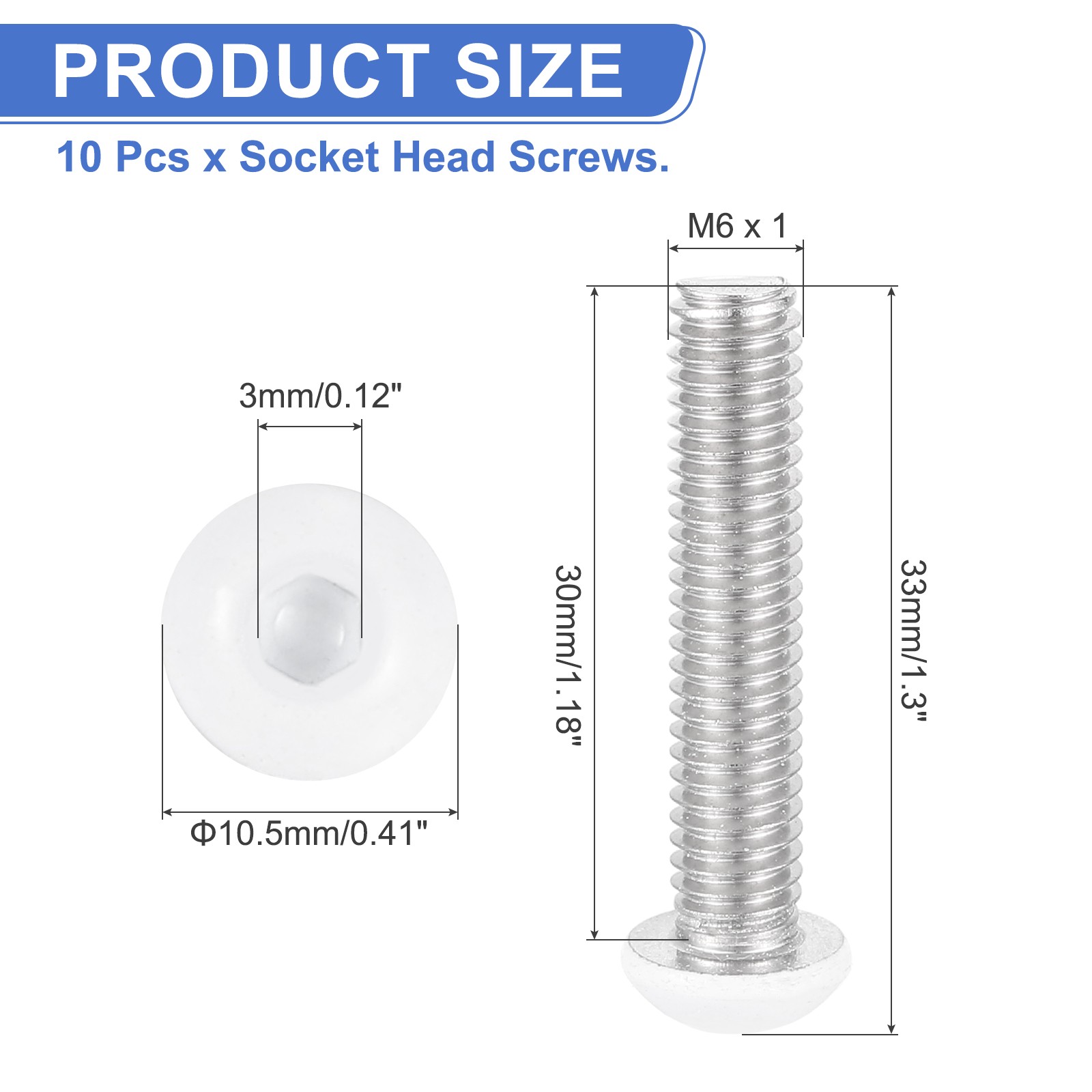 10 Pcs M6-1 x 30mm Button Head Socket Cap Screw Machine Screw, White
