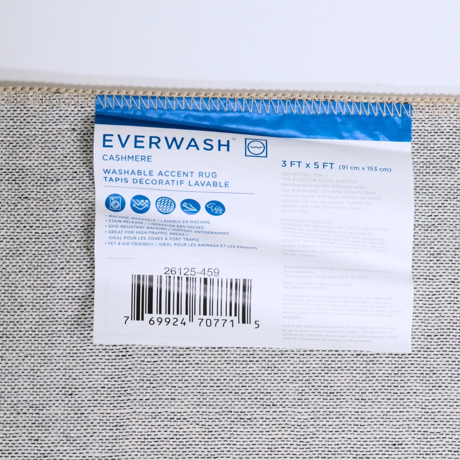EVERWASH Light Grey Cashmere Washable Accent Rug 3FTx5FT Anti-Slip 91cm x 153cm