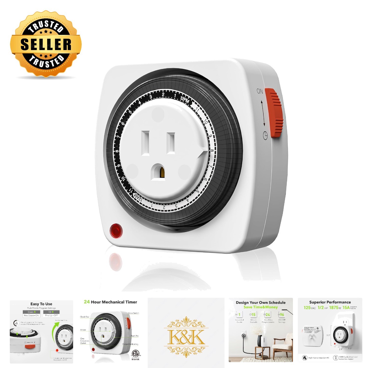 Compact Heavy-Duty Indoor Timer with 3-Prong Plug and 96 Programmable Slots