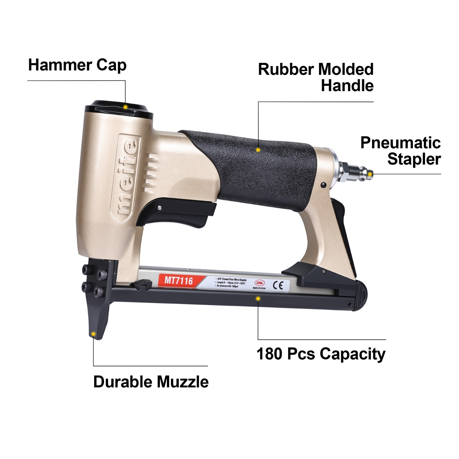 meite MT7116 22GA 3/8” Crown Pneumatic Fine Wire Upholstery Stapler with Staple