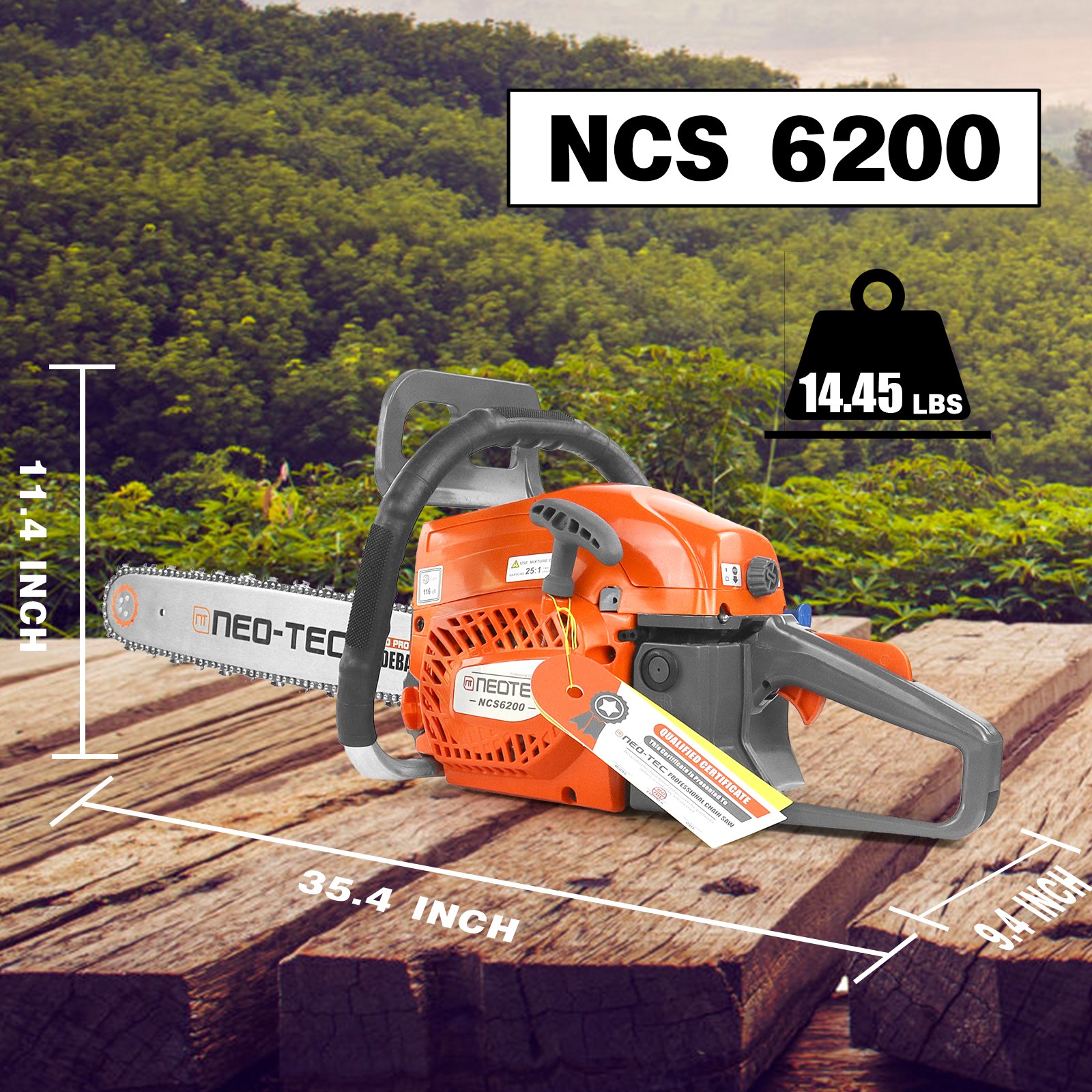 62cc Gas Powered Chainsaw with 20” Guide Bar Saw Chain 2-Stroke Engine Cut Wood