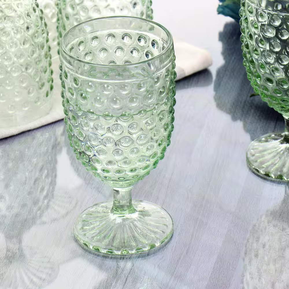 6 Piece 14.2 Oz. Clear Glass Hobnail Goblet Drinkware Set in Green