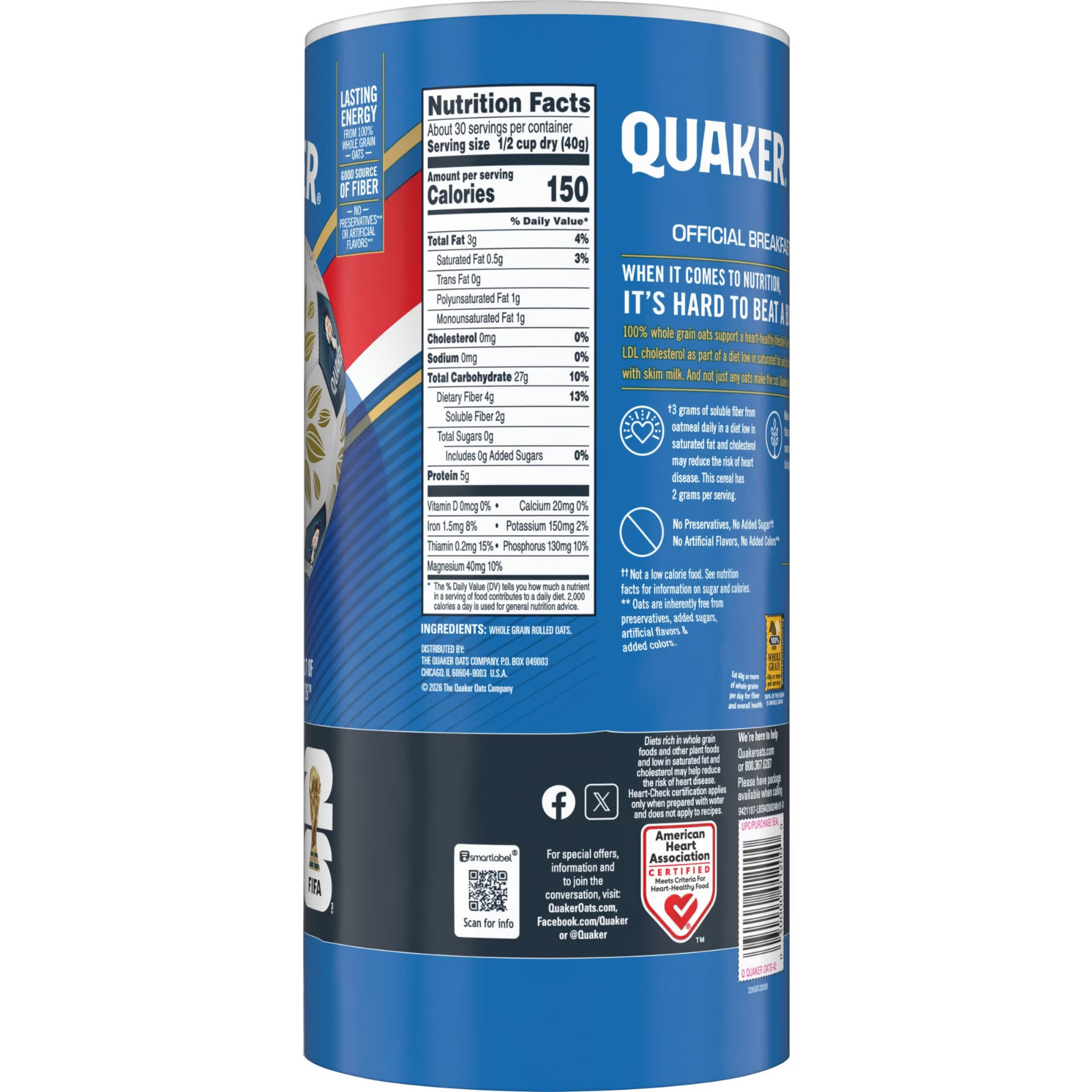 Quaker, Quick 1 Minute Oats, Oatmeal, Quick Cook Oatmeal, 42 oz Canister Dry Oat