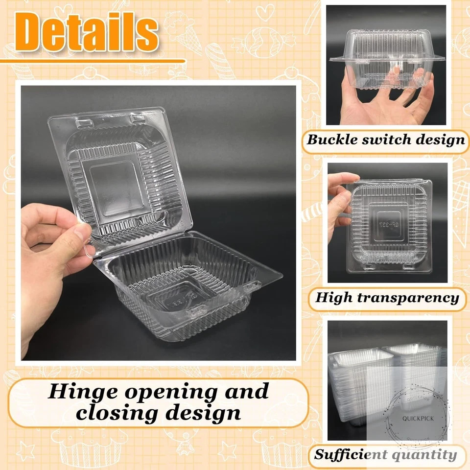 100 Pack Clear Plastic Square Hinged Food Clamshell Container,Disposable To Go