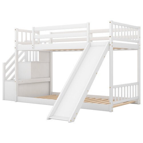 Stairway Wooden Bunk Bed w/ Slide Low Floor Bed for Kids Teens Adults,White/Gray