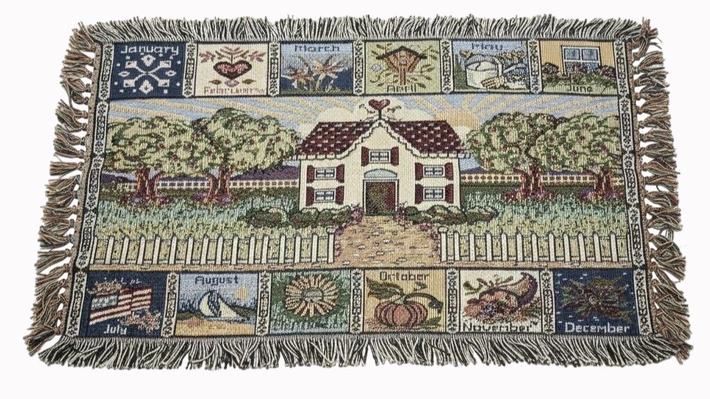 Vintage 12 Months of the Year Woven Tapestry 38″ x 21″ Cottagecore Wall Hanging