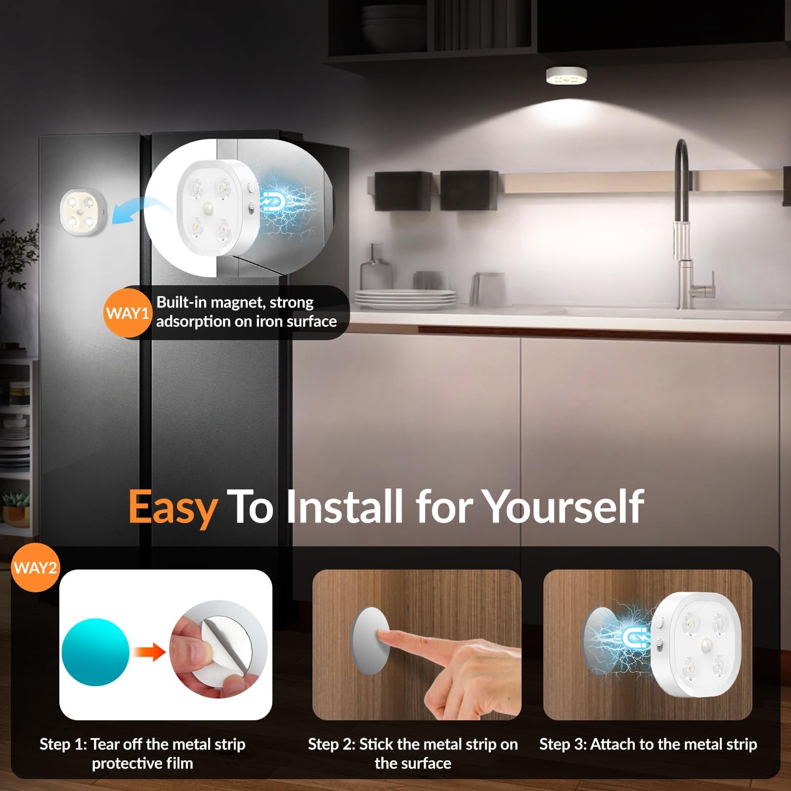 Under Cabinet Lighting, 1500mAh Rechargeable Motion Sensor Puck Lights with R…