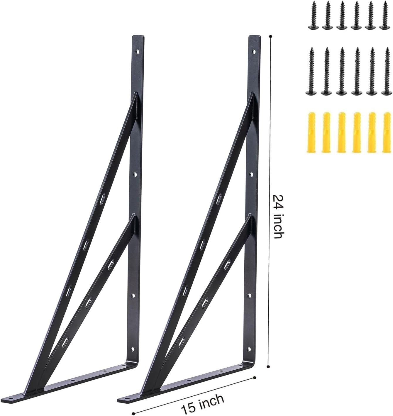 24″ x 15″ Heavy Duty Black Shelf Brackets 4-Pack, L Brackets for Shelving