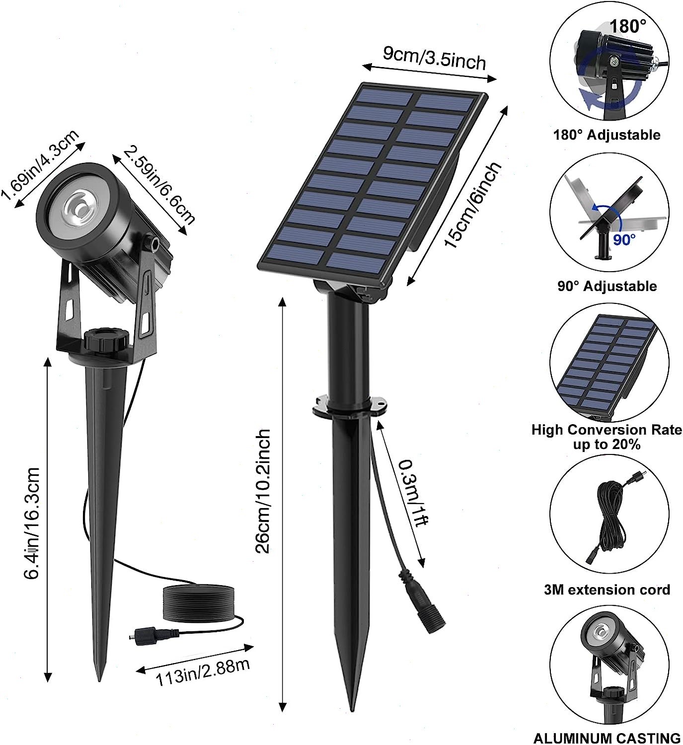 T-SUN Solar Powered Landscape Spotlight Garden Pathway Light IP65 Clear White US