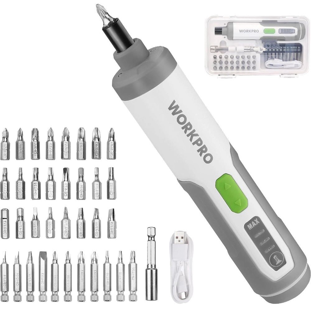 WORKPRO 4V Electric Cordless Screwdriver Set Rechargeable w/35 Bit Extension Rod