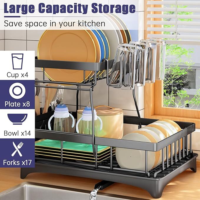 Over Sink Dish Drying Rack 2-Tier Stainless Steel Kitchen Shelf Cutlery Drainer