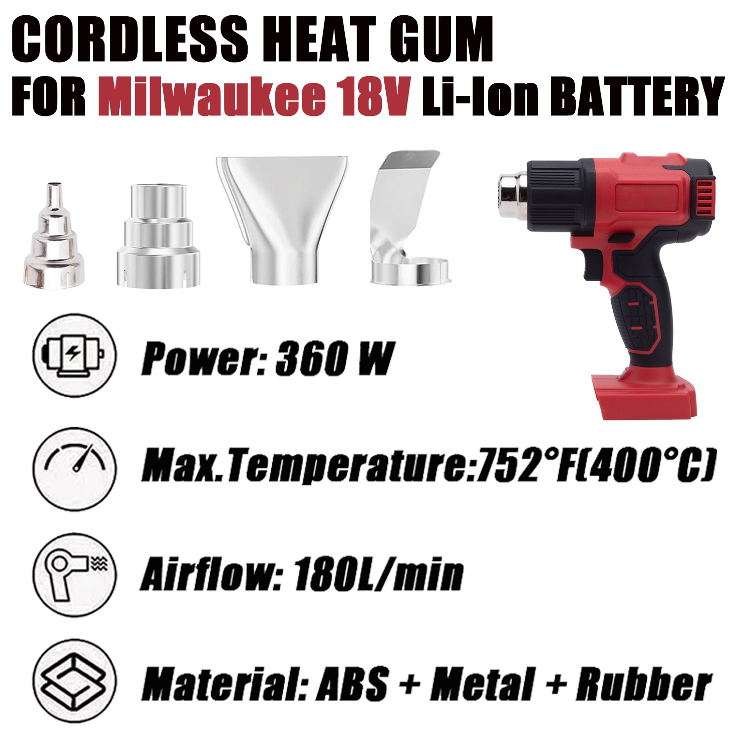 Portable Cordless Heat Gun for Milwaukee 18V Battery Hot Air Gun With 4 Nozzles