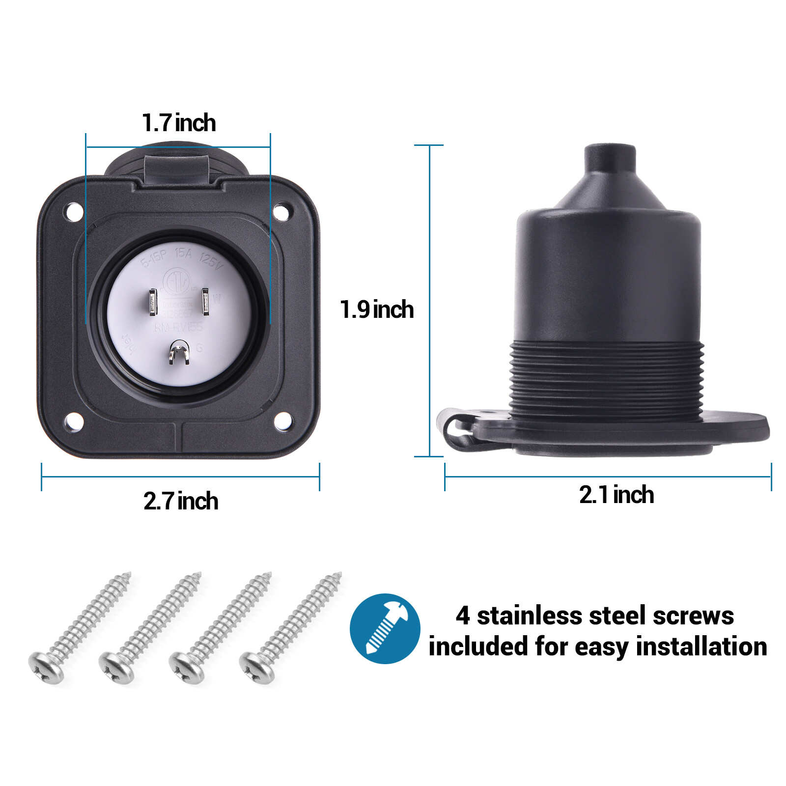 125V 15A Flanged Power Inlet Receptacle NEMA 5-15P AC Port Plug for RV Boat