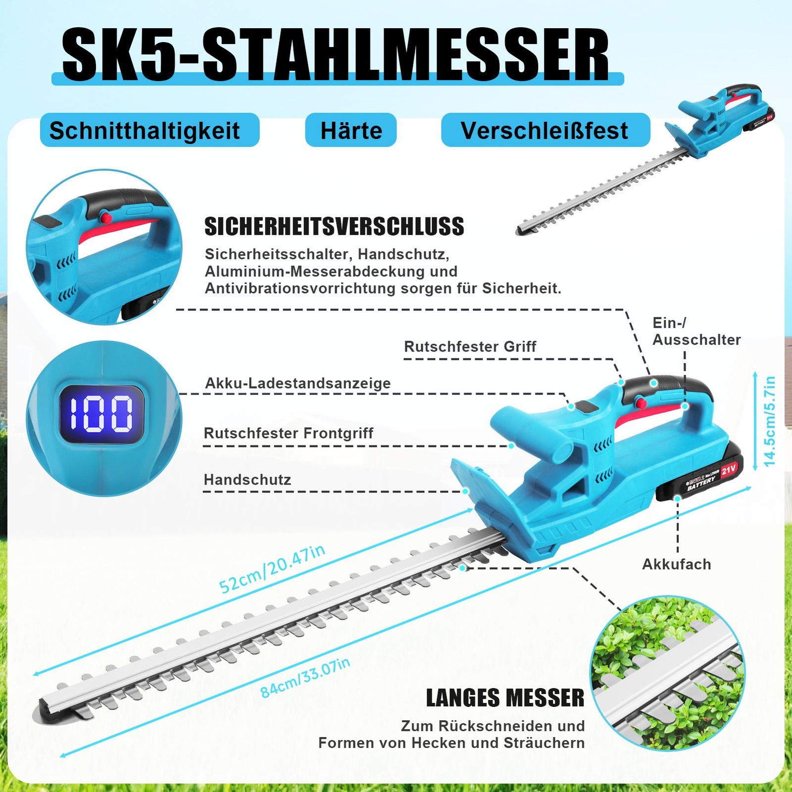 20Inch Cordless Hedge Trimmer Cordless Electric Hedge Trimmer w/ 2* 21V Battery