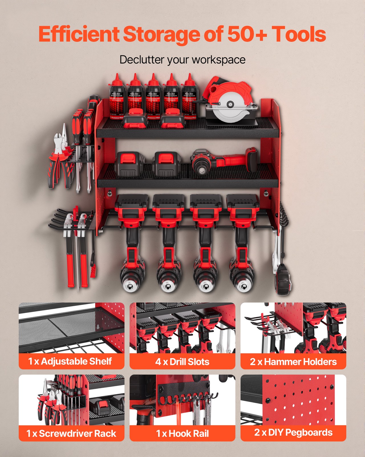 VEVOR Power Tool Organizer Wall Mount 3-Layer Drill Storage Rack 4 Drill Holders