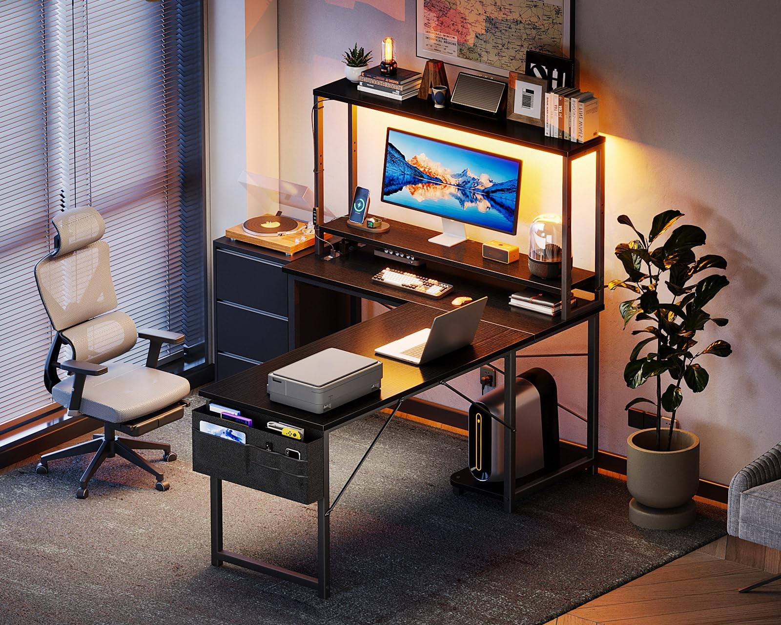 AODK L Shaped Desk Gaming with LED Light & Power Outlet, 53 inch, Black