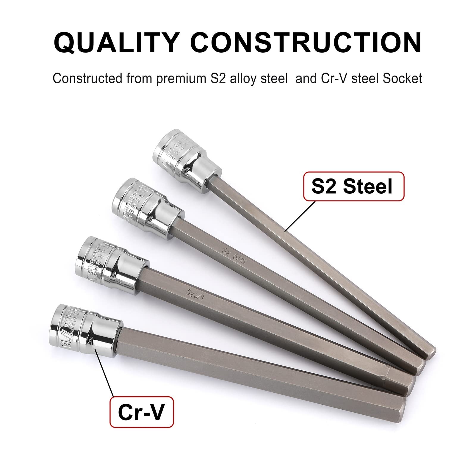 10-Piece Long Hex Bit Socket Set 3/8″ Drive, SAE Extra Long Allen Bits, CR-V & S