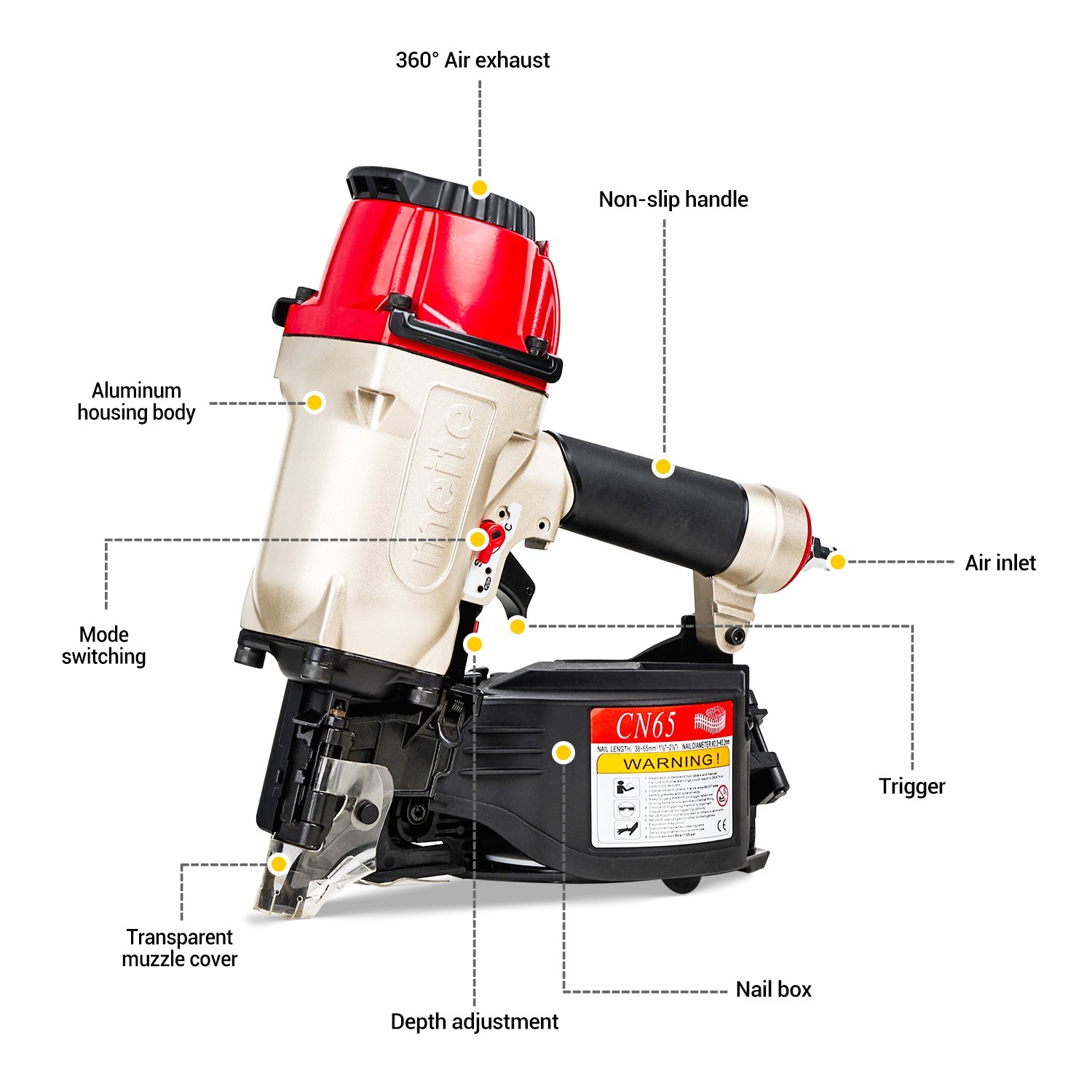 meite CN65 Penumatic Industrial Coil Siding Nailer 15 Degree 1-1/2″ to 2-1/2″