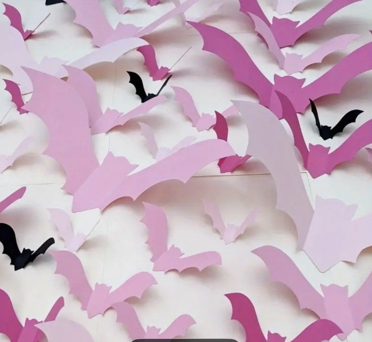 32 Pcs Halloween PINK Spooky Shiny Bats Wall Decor 3D Pink Only