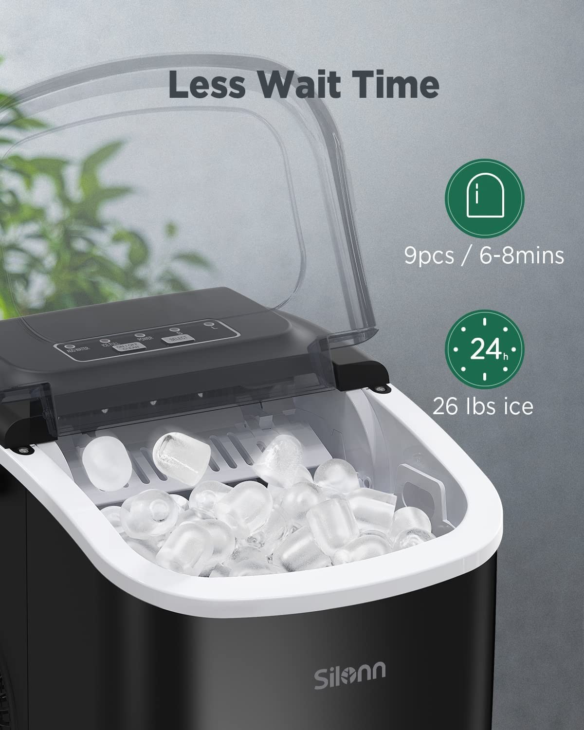 Silonn Countertop Ice Maker Machine 26lbs 24Hrs Self-Cleaning Bullet Ice Black