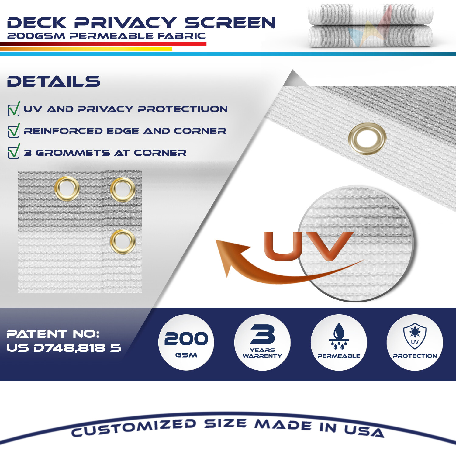35in Privacy Balcony Deck Fence Screen Graystripe Shade Fabric Cover Patio Yard
