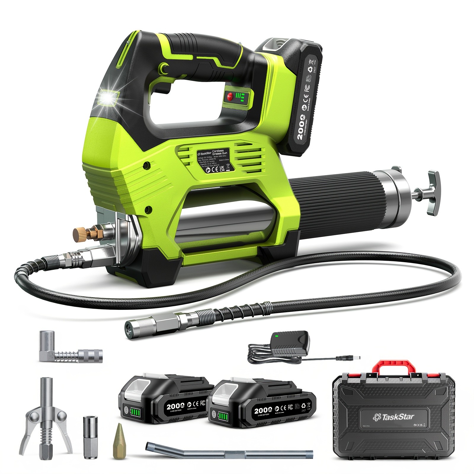 Electric Grease Gun 12000 PSI Battery Powered, Cordless Grease Gun Kit 2 Battery
