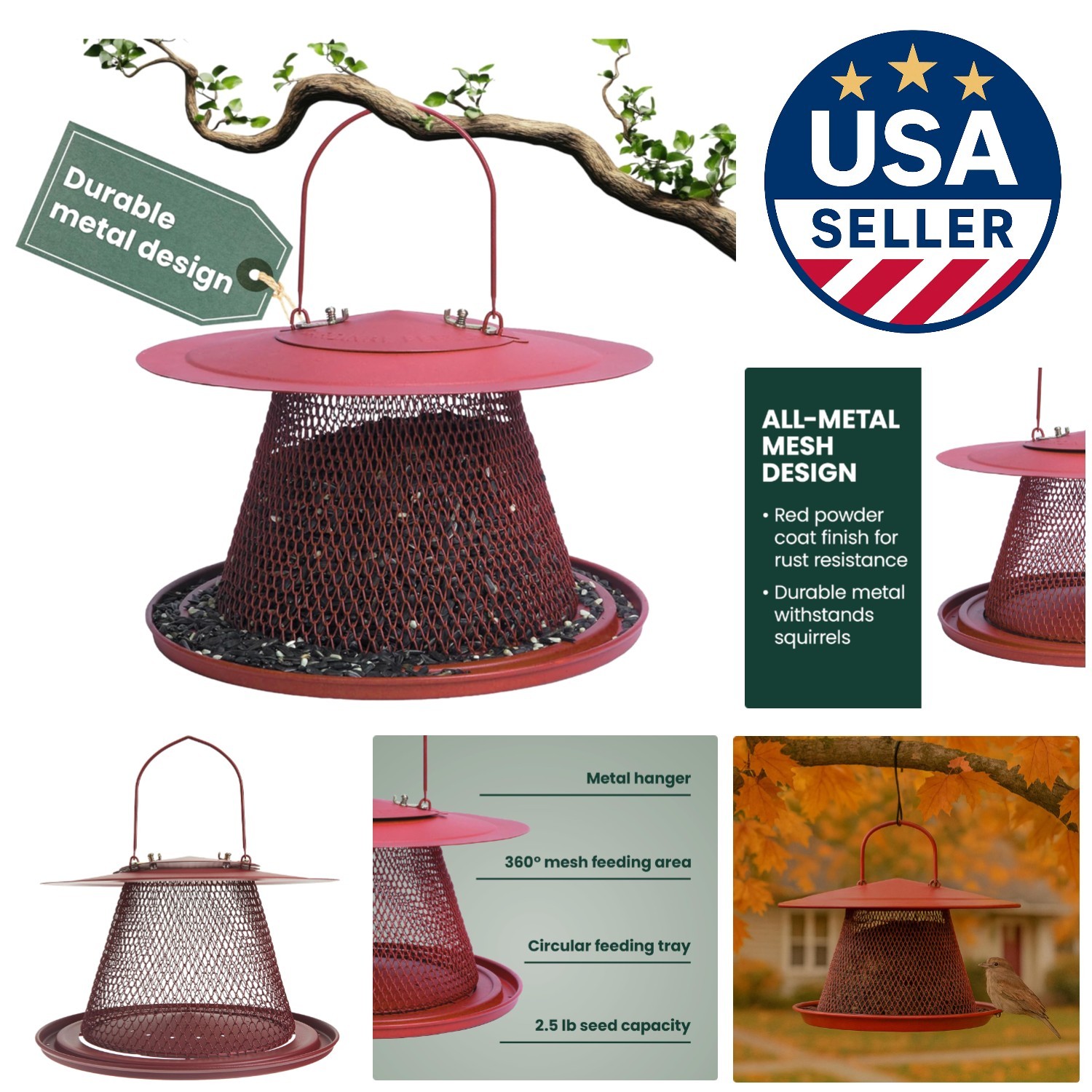 Stylish Red All-Metal Hanging Bird Feeder – 2.5 lb Seed Capacity, Squirrel Proof