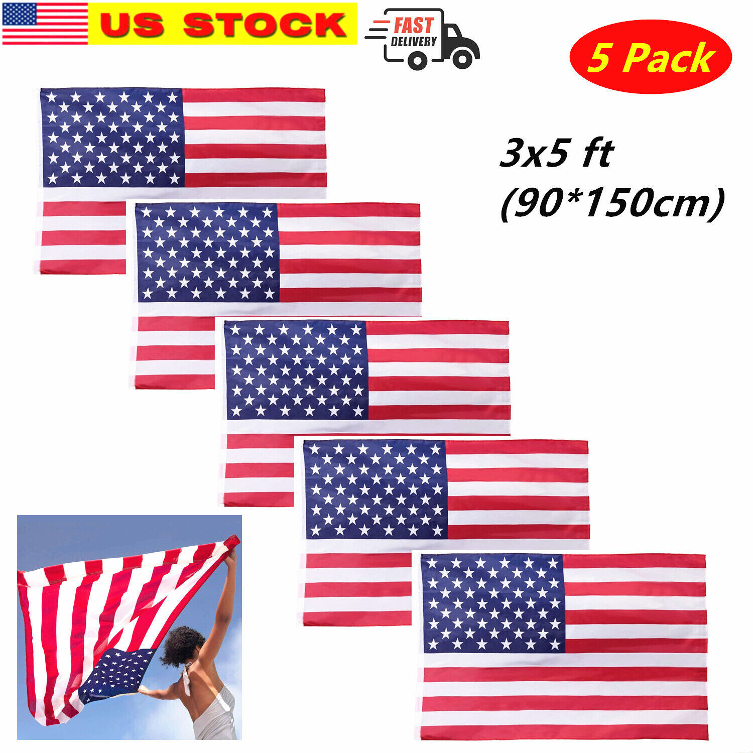 5 Pack 3’x5’FT USA US U.S. American Flag Polyester Stars – Fast Shipping