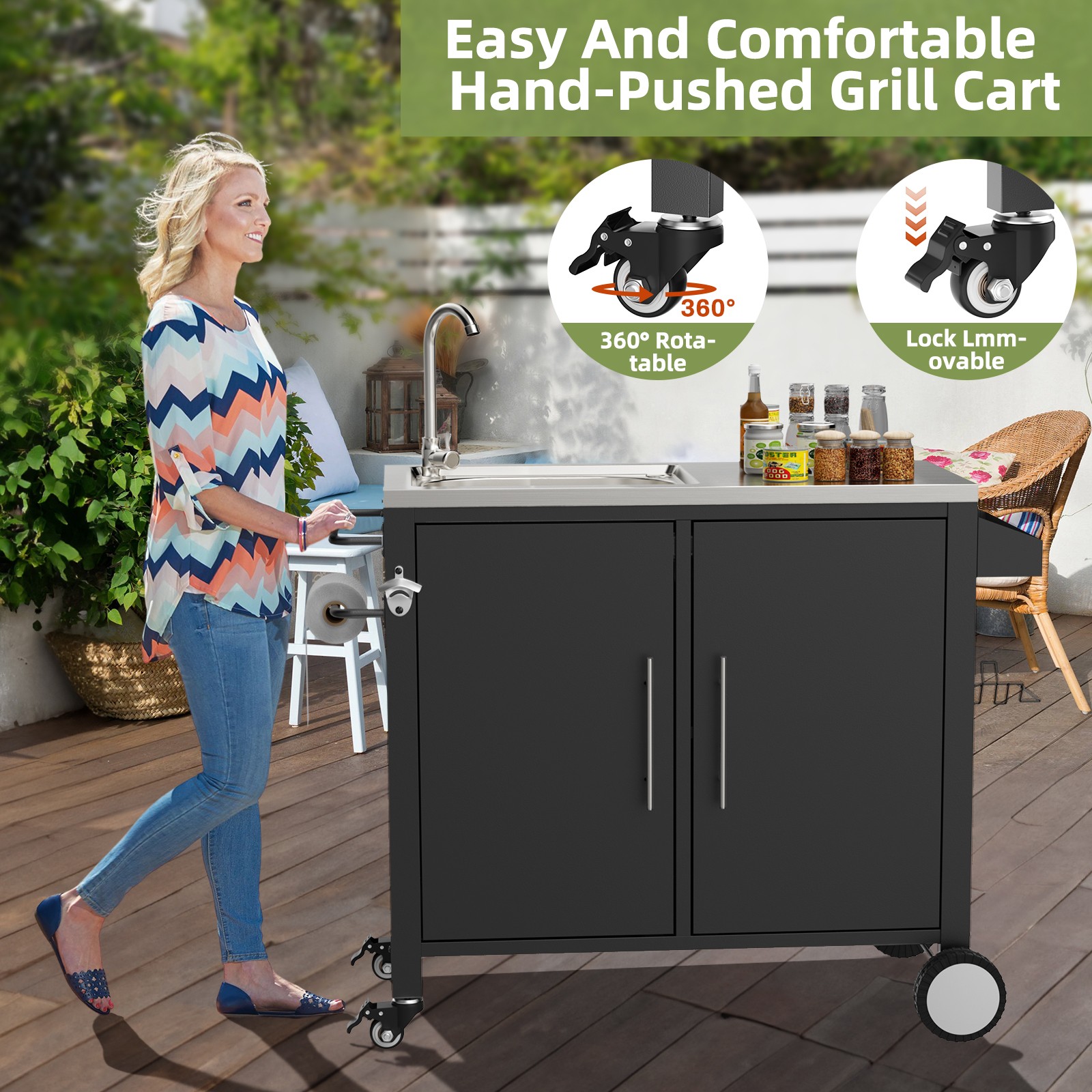 Outdoor Grill Cart Sink Station 304 Stainless Steel Cabinet Wheels 38x18x35in