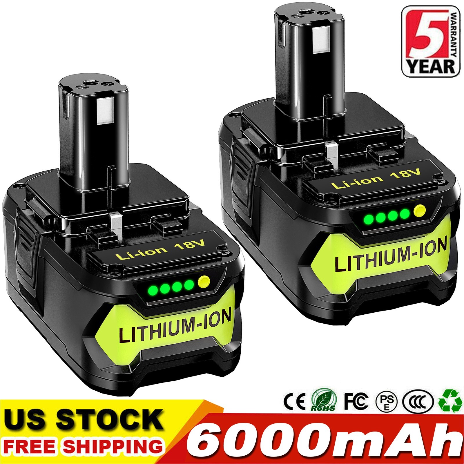 2Pack 6.0Ah Lithium Ion Battery For RYOBI P108 18V For One+ Plus P109 P102 P107